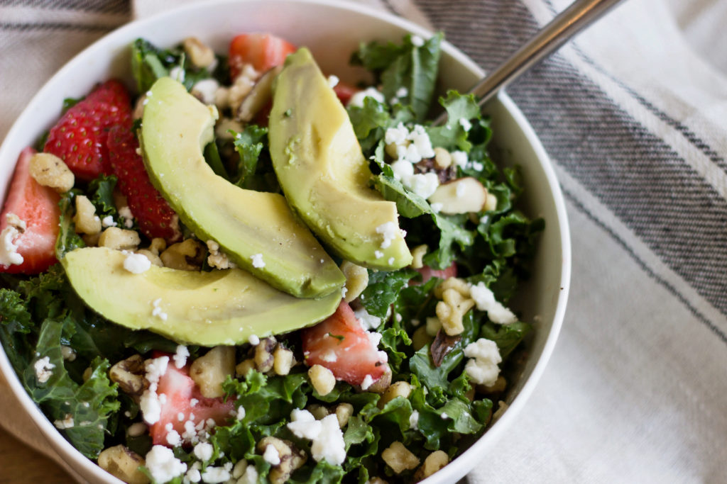 Strawberry, Avocado, and Walnut Kale Salad